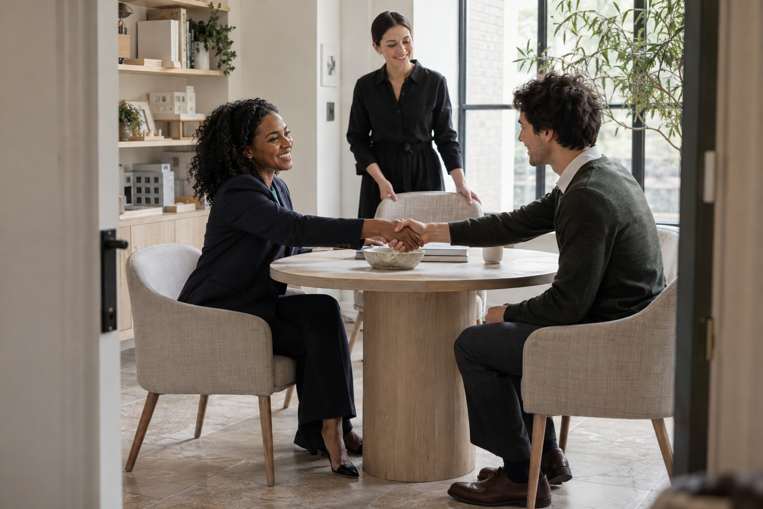 In a small architecture practice’s daylight-filled meeting alcove, a Black female partner and a younger male candidate exchange a relaxed greeting across a roun