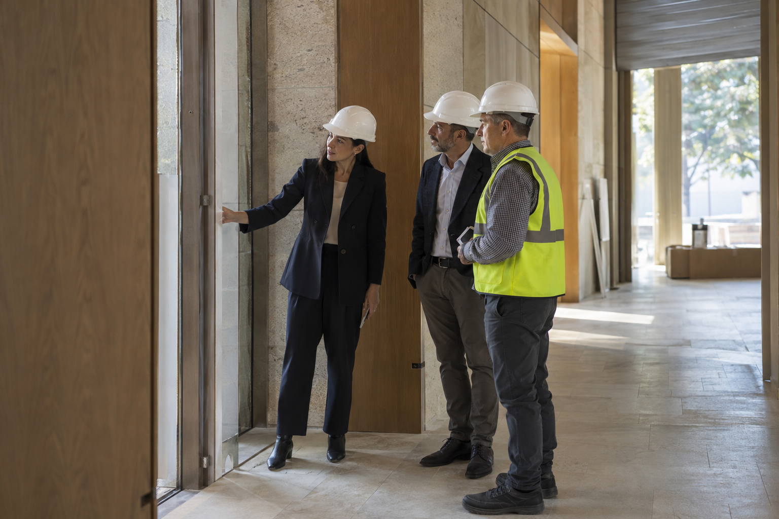 Inside a nearly completed commercial building, a female construction manager and male client representative inspect a revised doorway detail with the site super