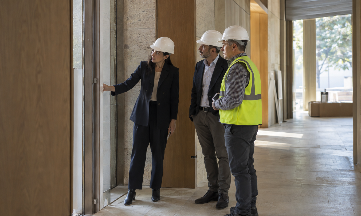 Inside a nearly completed commercial building, a female construction manager and male client representative inspect a revised doorway detail with the site super