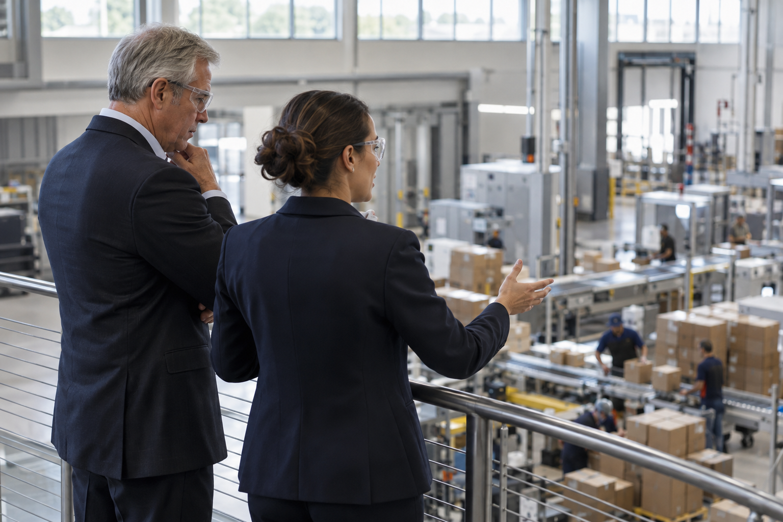 On a modern manufacturer’s immaculate production-floor mezzanine, a female operations lead in tailored navy separates walks a senior finance executive through a