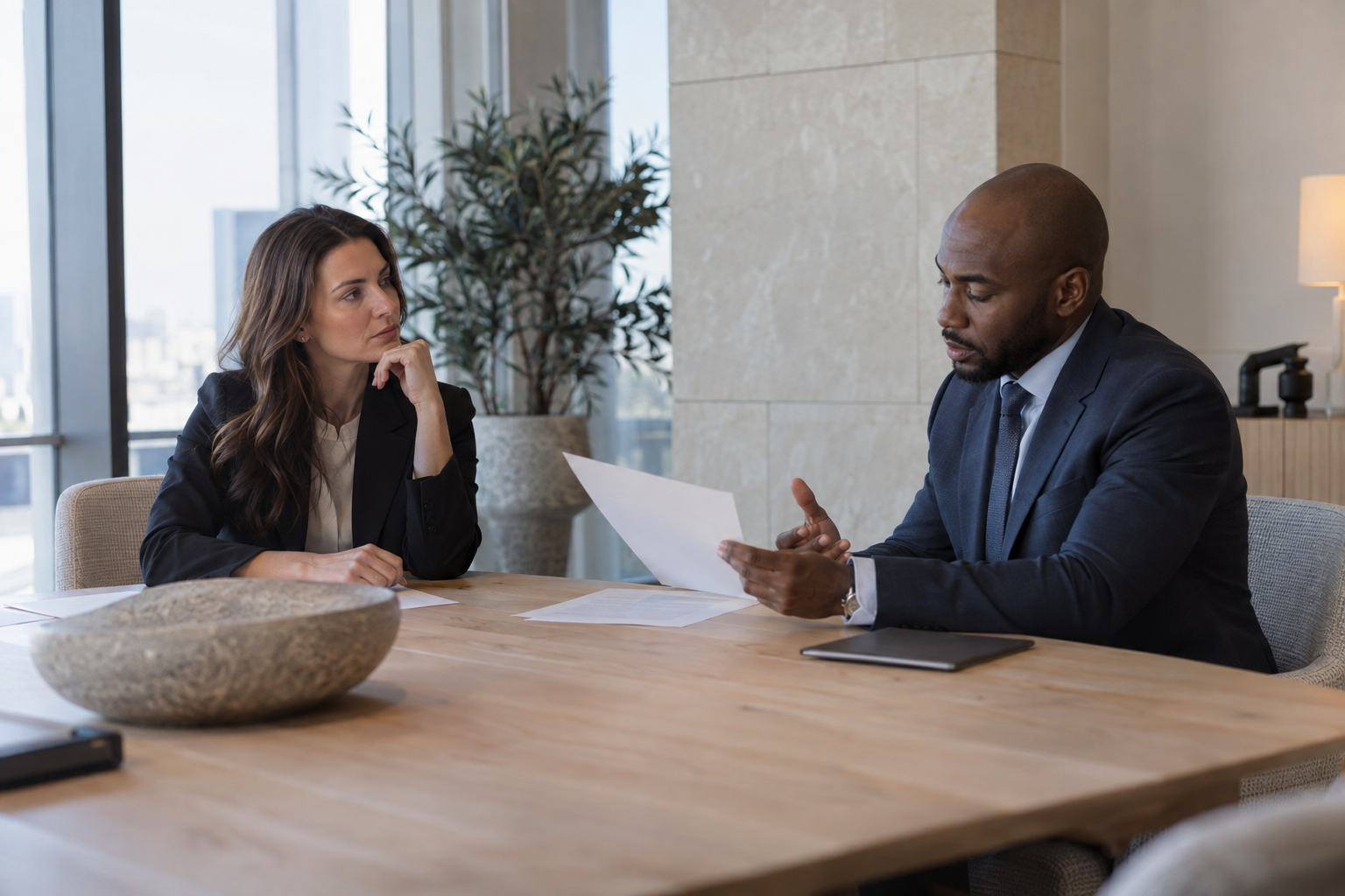 In a growing company’s light-filled boardroom, a female founder and a Black male HR lead discuss a proposed hire across a pale oak table, one listening while th
