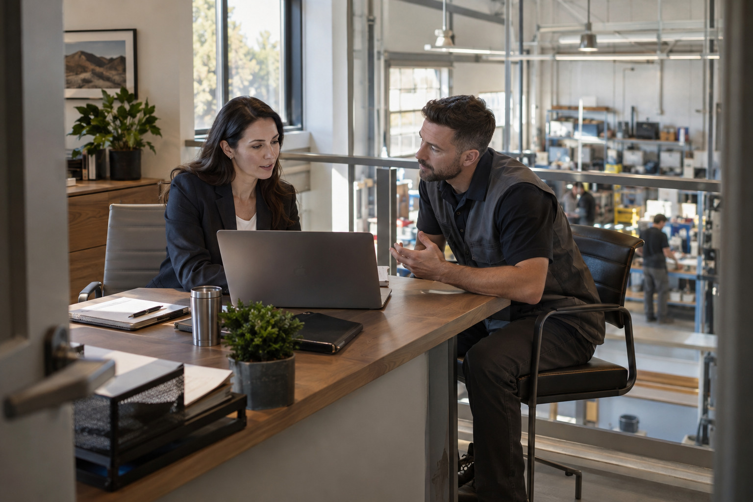 At a small specialty manufacturer’s mezzanine office overlooking a tidy workshop, an operations manager checks attendance and leave approvals on an incidental l