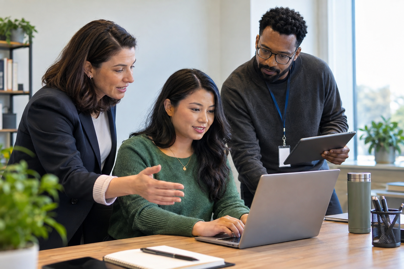 An HR manager, employee and IT specialist test a digital onboarding workflow together on a laptop.