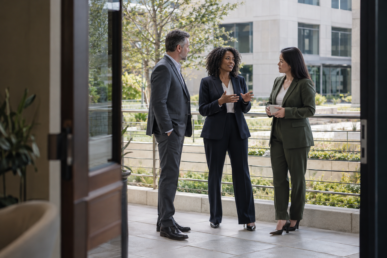 On a manufacturing headquarters’ covered terrace overlooking a landscaped courtyard, a Black female communications director and two department heads in tailored