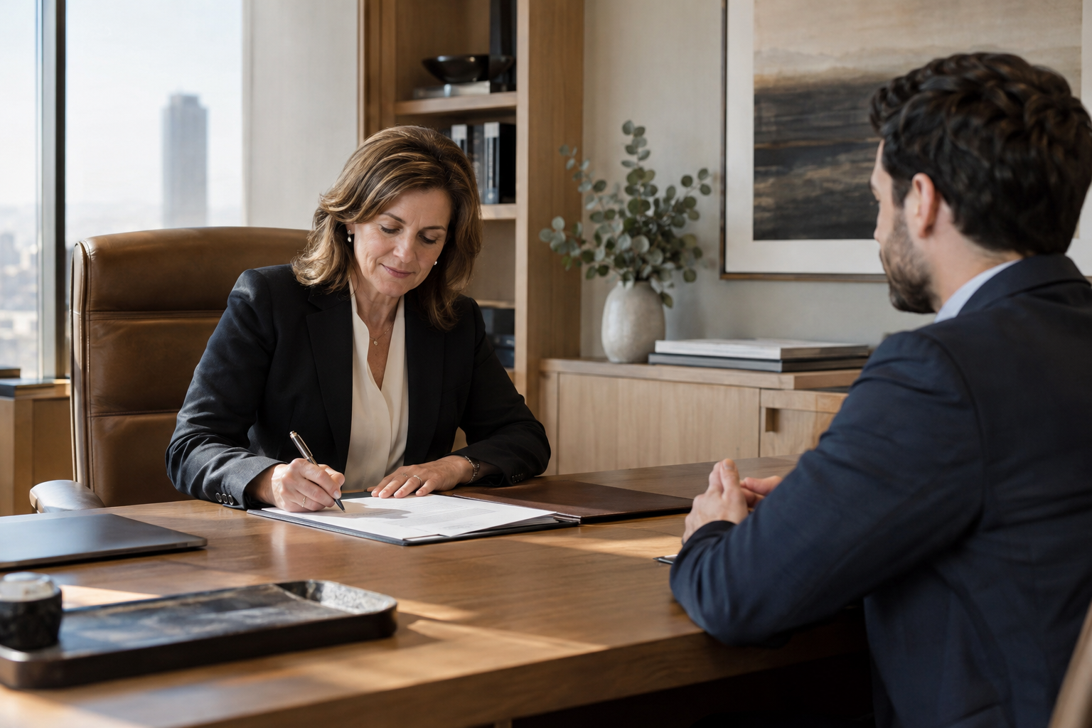 In a contemporary law firm’s quiet corner office, a senior female partner signs the final page of a slim document packet while a younger male colleague waits to