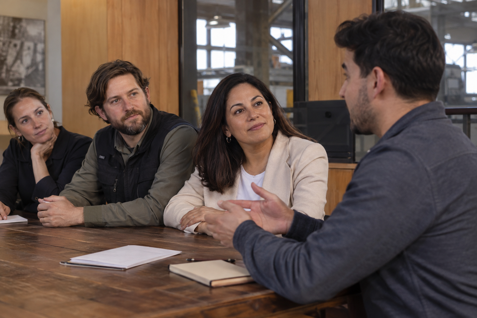 Inside a precision manufacturer’s oak-lined training studio, a Latina operations director listens as a younger male supervisor rehearses a staff briefing with t