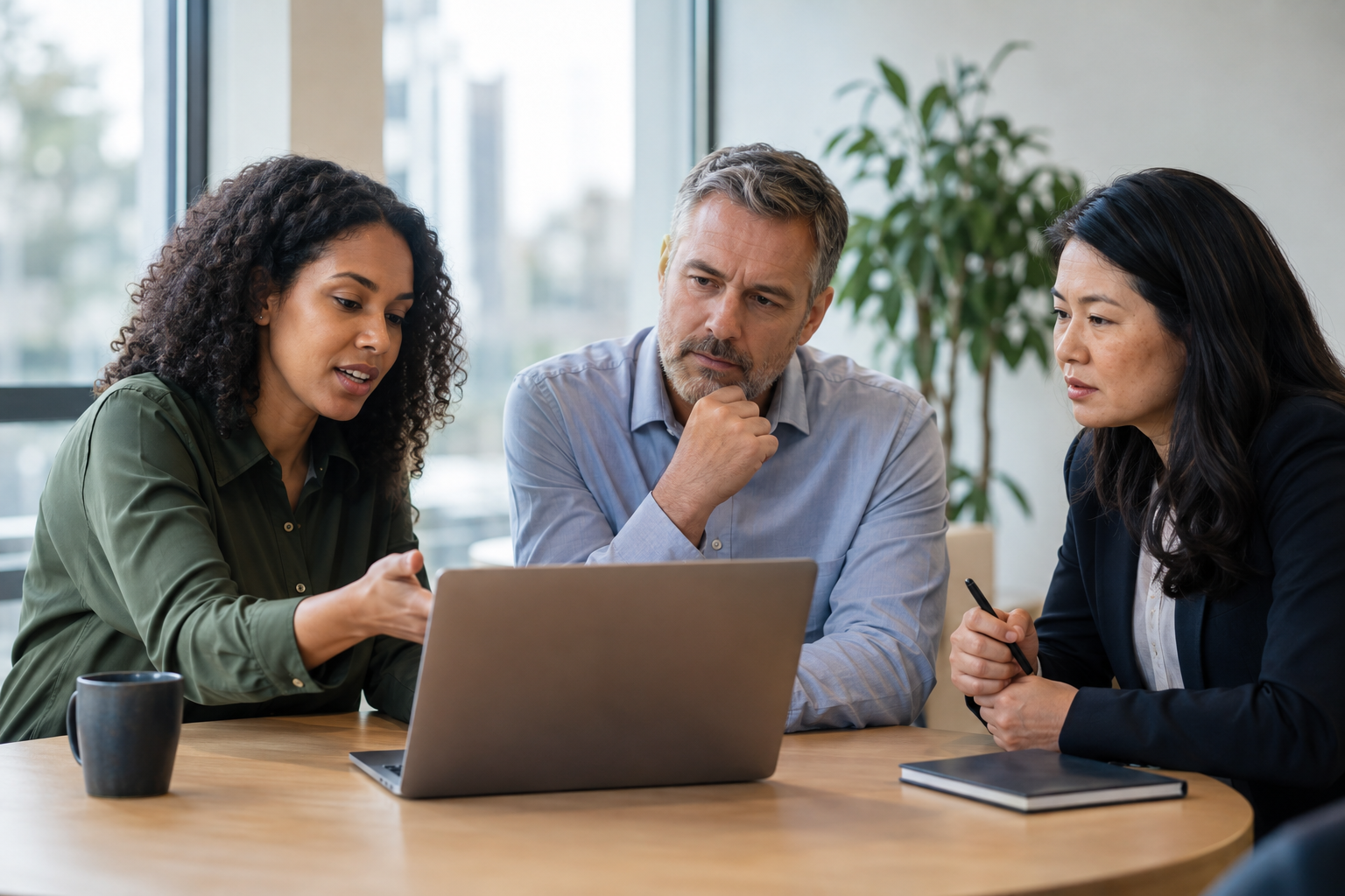 A business analyst, finance lead and department manager review AI workflow performance together using a laptop.