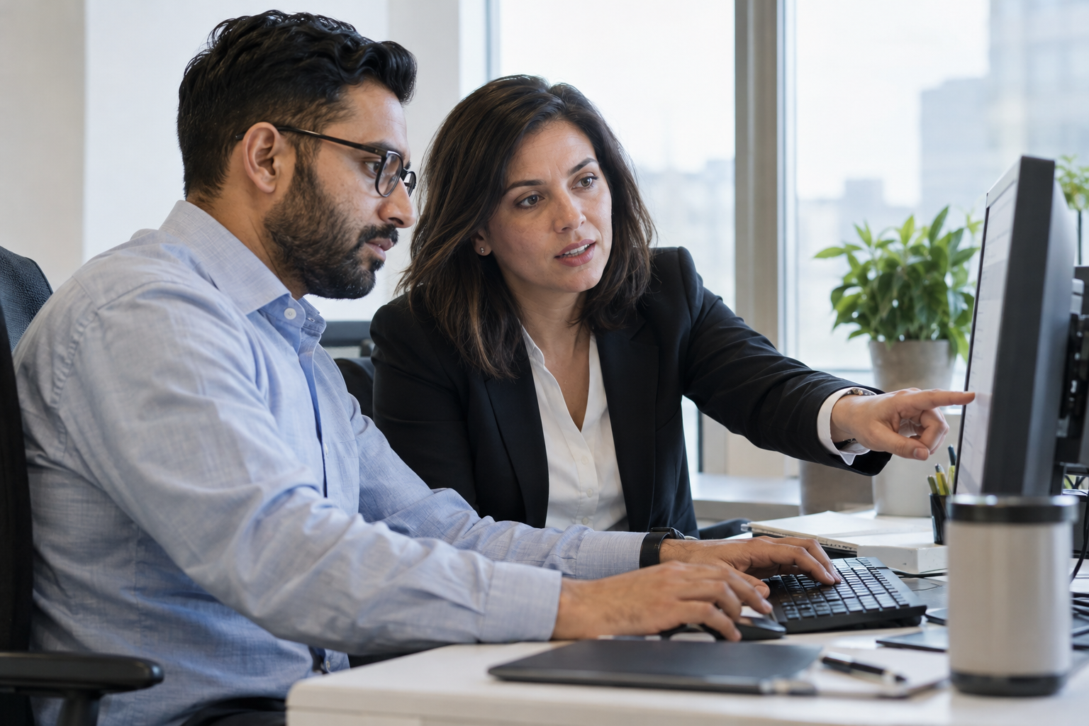 A finance systems specialist and procurement manager test an approval-to-ERP integration together at a workstation.