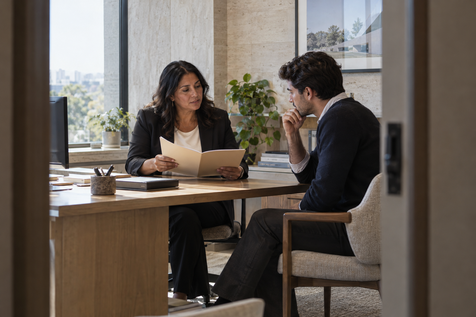 In a growing architecture firm’s quiet personnel office, a Latina studio manager and a younger male team lead discuss a staffing issue, reviewing a single paper