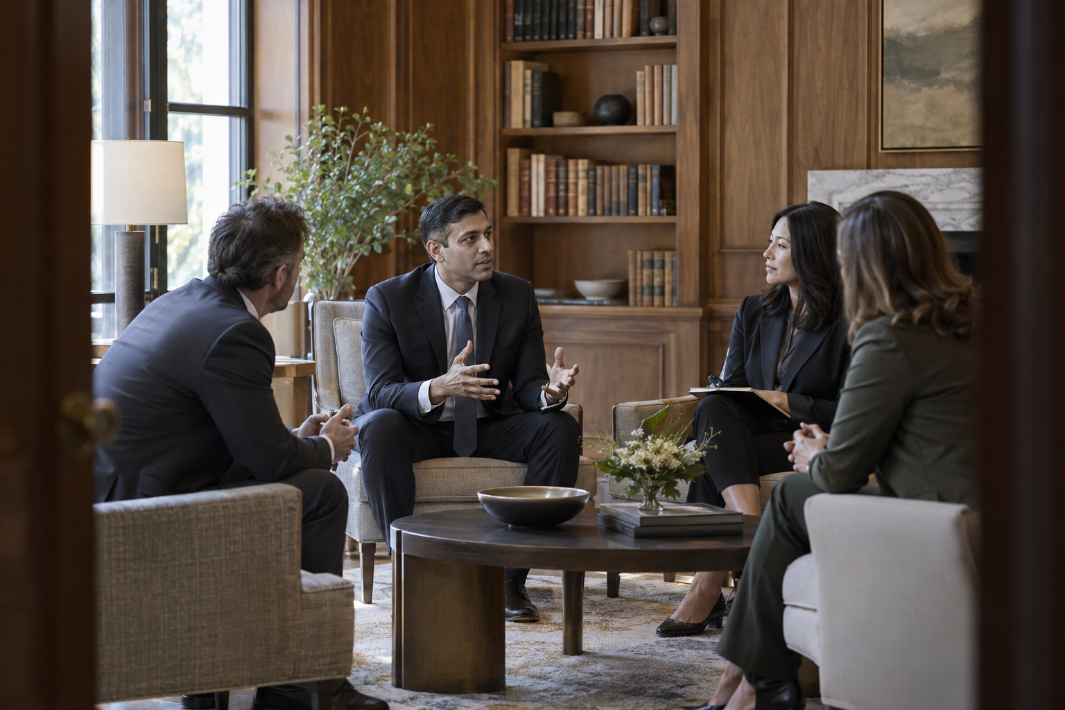 Inside a corporate headquarters’ oak-paneled library, a South Asian chief operating officer quietly briefs three department leaders before a staff announcement.