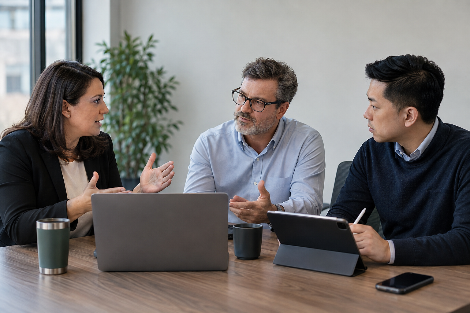 An operations manager, finance approver and IT specialist review automation requirements using a laptop and tablet.