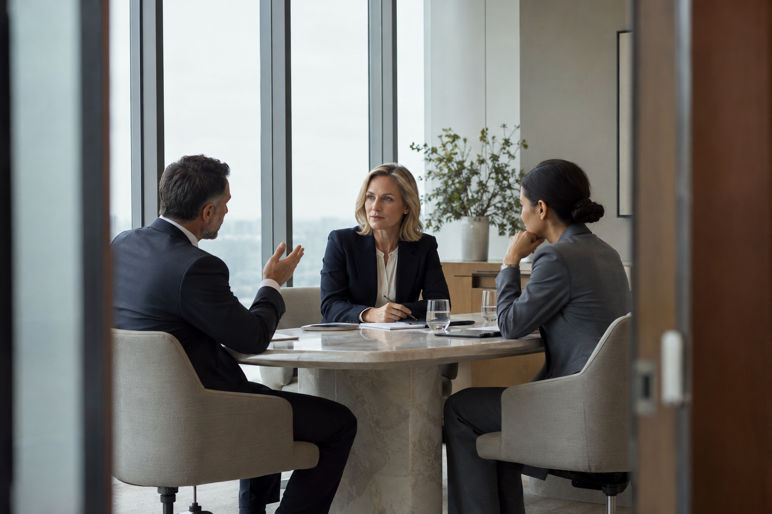 In a contemporary investment firm’s quiet boardroom, an interim department head leads a focused conversation with two senior colleagues, listening as one raises