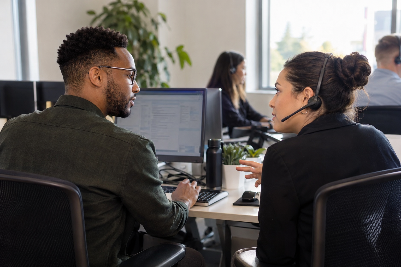 An AI operations specialist and a headset-wearing service supervisor rehearse a human handoff at a desktop workstation.
