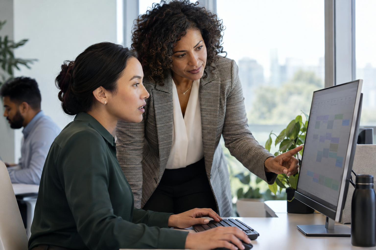 An administrative coordinator reviews an AI-assisted scheduling change with her team lead at a desktop computer.