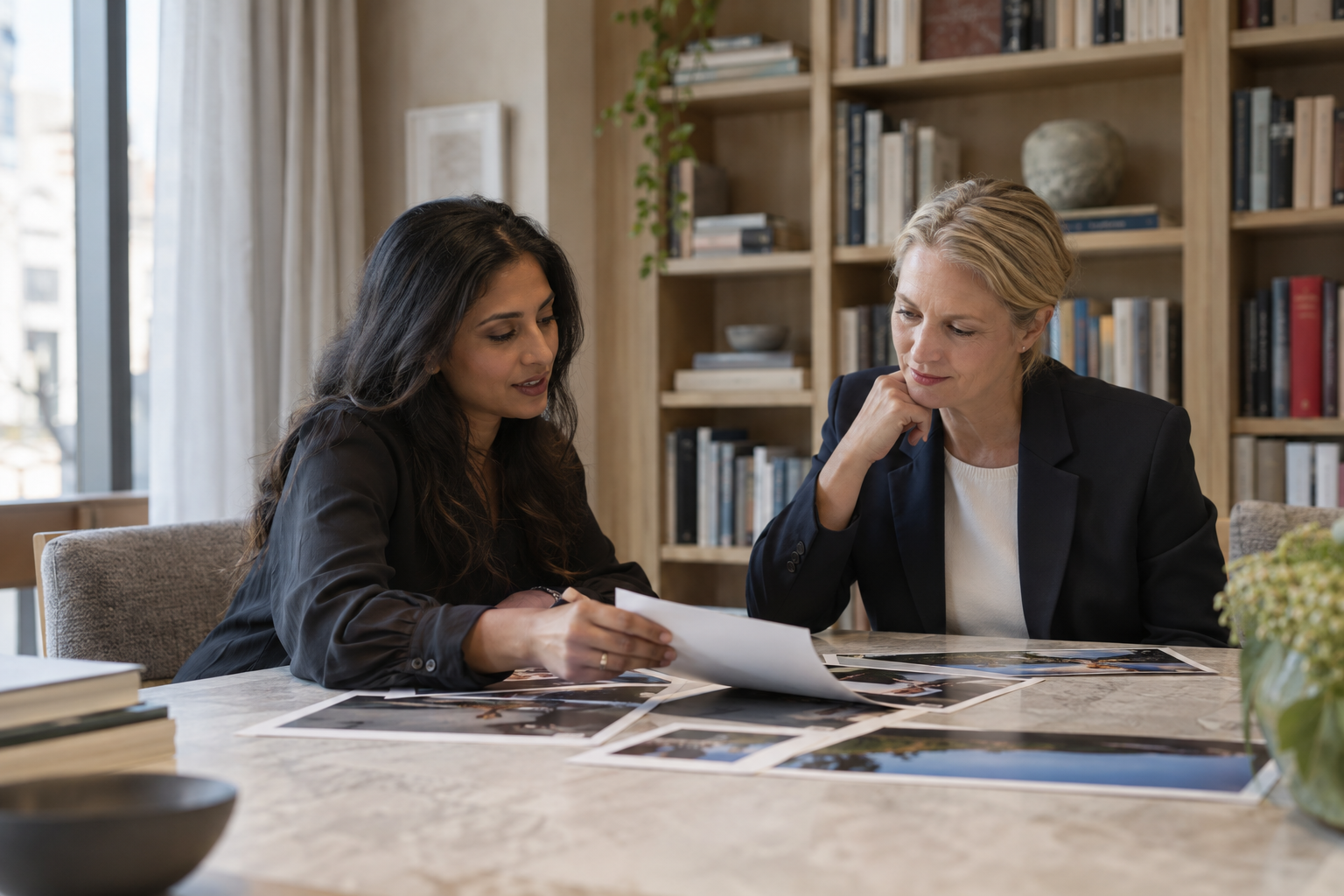 In a publishing company’s quiet editorial library, a South Asian communications manager and a white department editor select photographs from a few unmarked pri