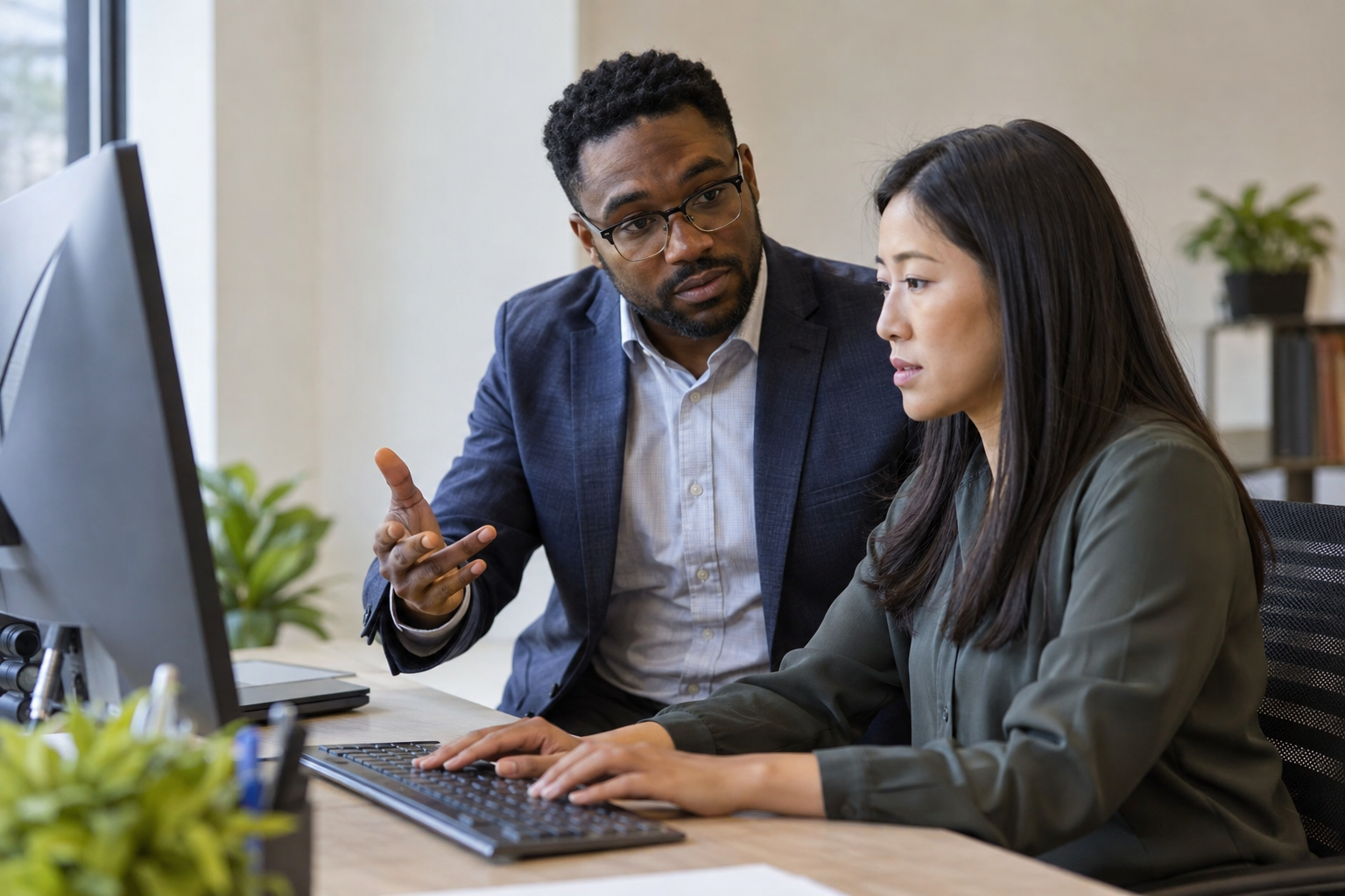 Two colleagues discuss a sensitive workplace question beside a computer while one records their agreed next step.