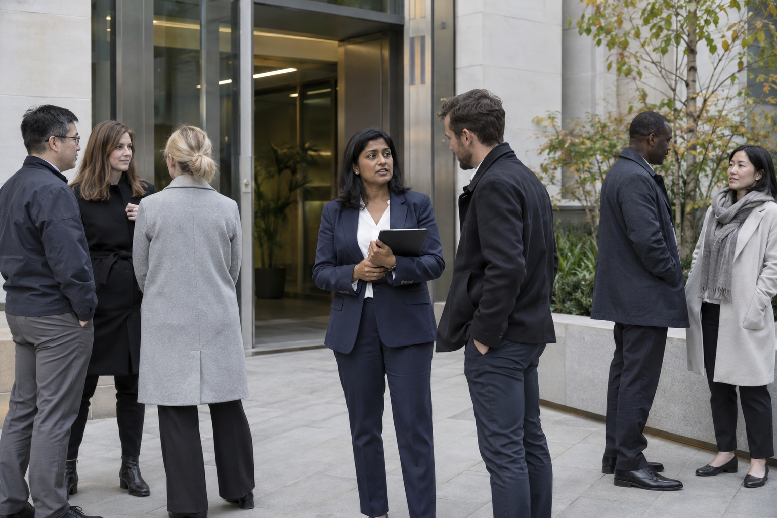 Outside a small architectural practice, a South Asian owner in a tailored navy jacket checks colleagues have gathered safely during a routine evacuation drill, 