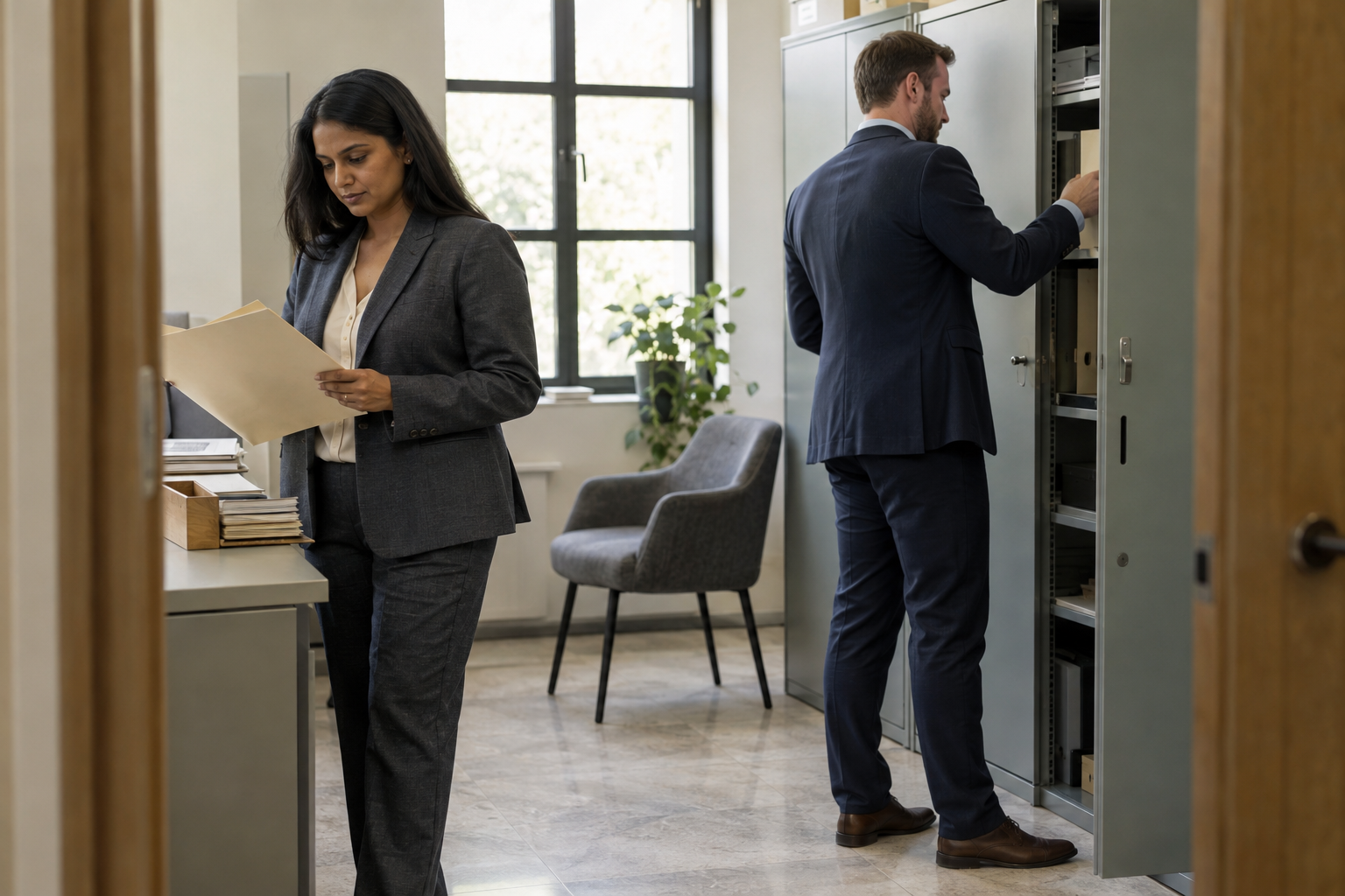 Inside a growing consultancy’s quiet records room, a South Asian HR manager in a tailored slate suit checks a paper folder while a white colleague returns a sep