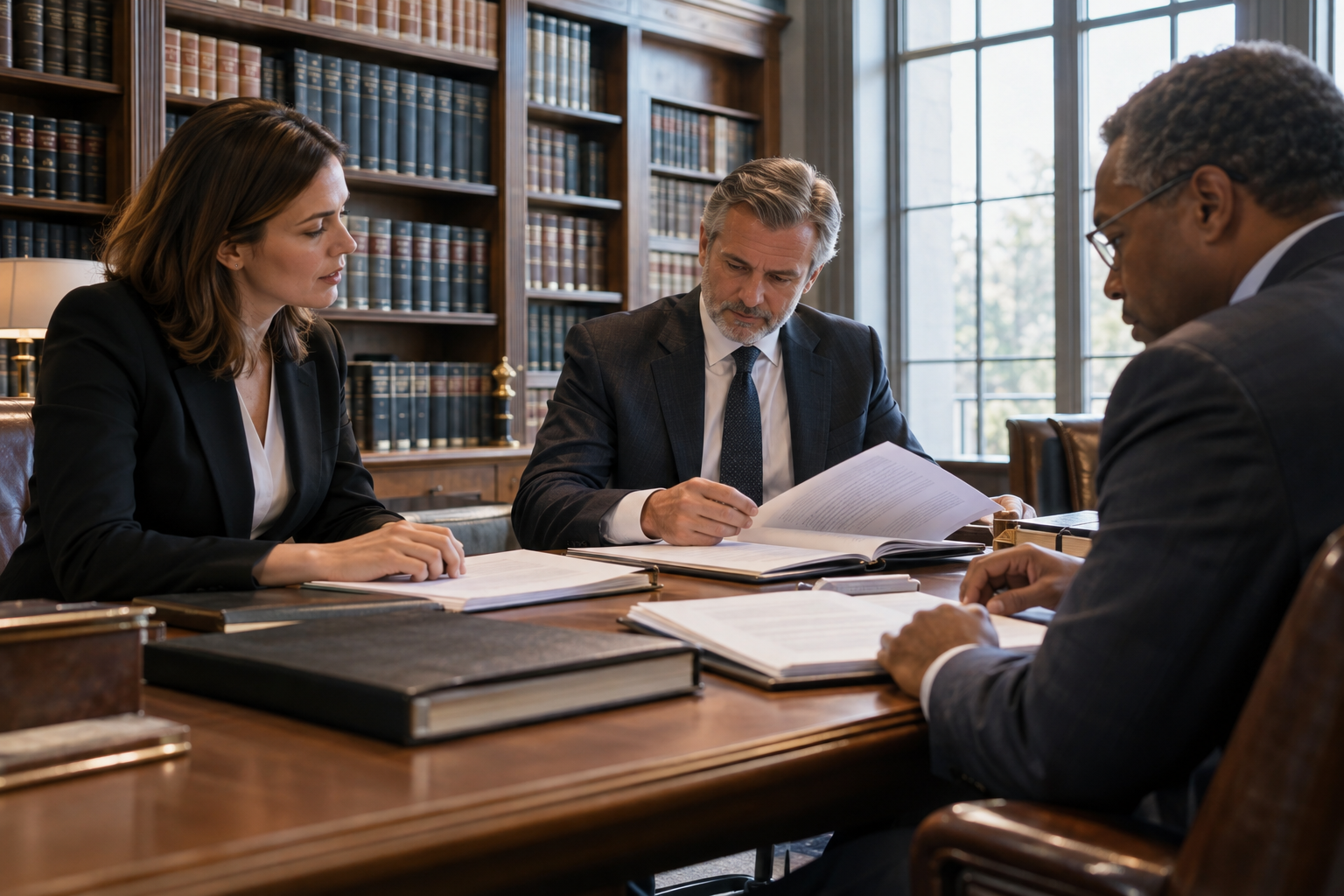 In a multinational group’s understated legal library, a female corporate counsel and two subsidiary directors review separate bound document packets at a walnut