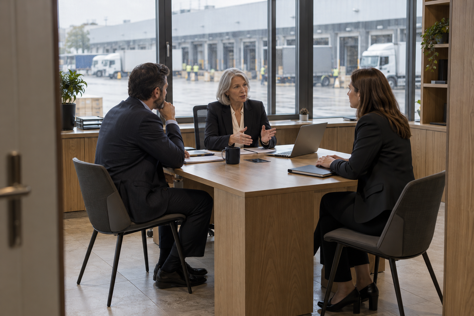 Inside a logistics company’s understated dispatch office overlooking loading bays, a silver-haired female operations director briefs two colleagues before servi
