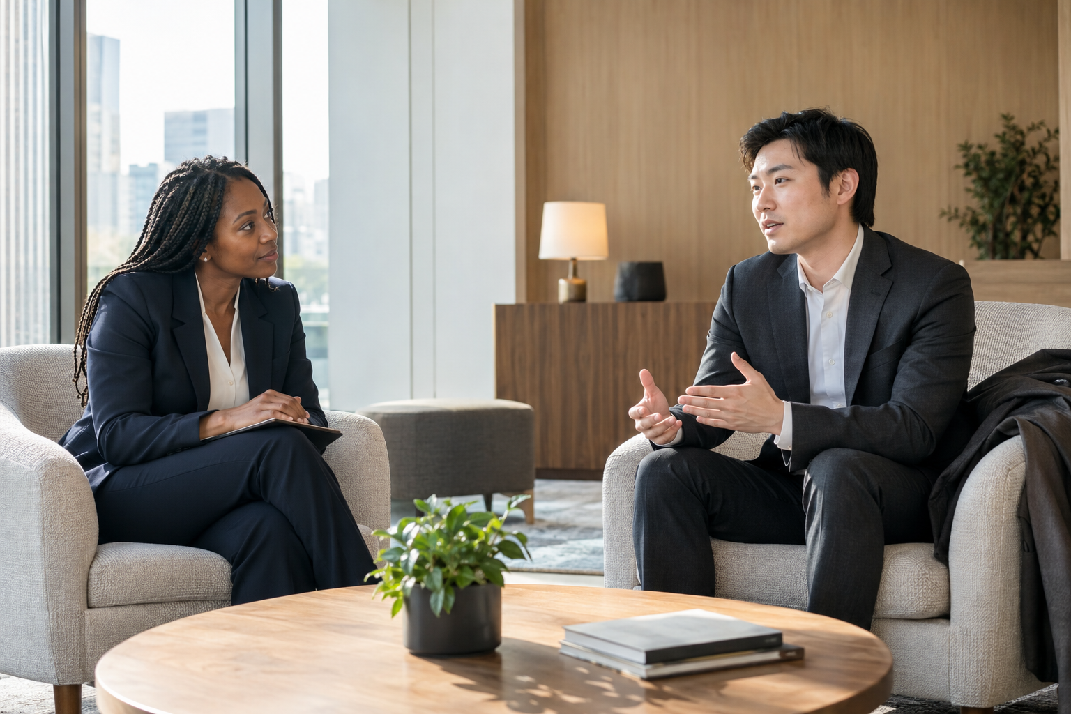 In a consulting firm’s quiet interview lounge, a Black female recruiter listens attentively as an East Asian male candidate offers feedback after an interview, 