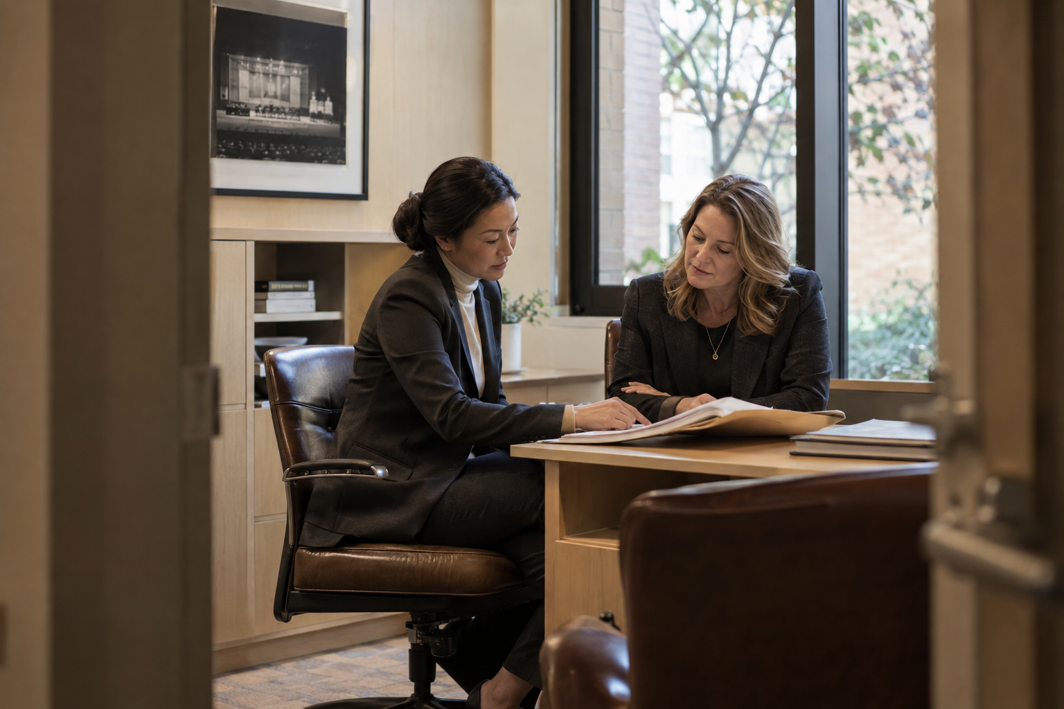 In a contemporary regional theater’s quiet administrative office, an East Asian payroll manager and a white female operations supervisor discuss a staff schedul