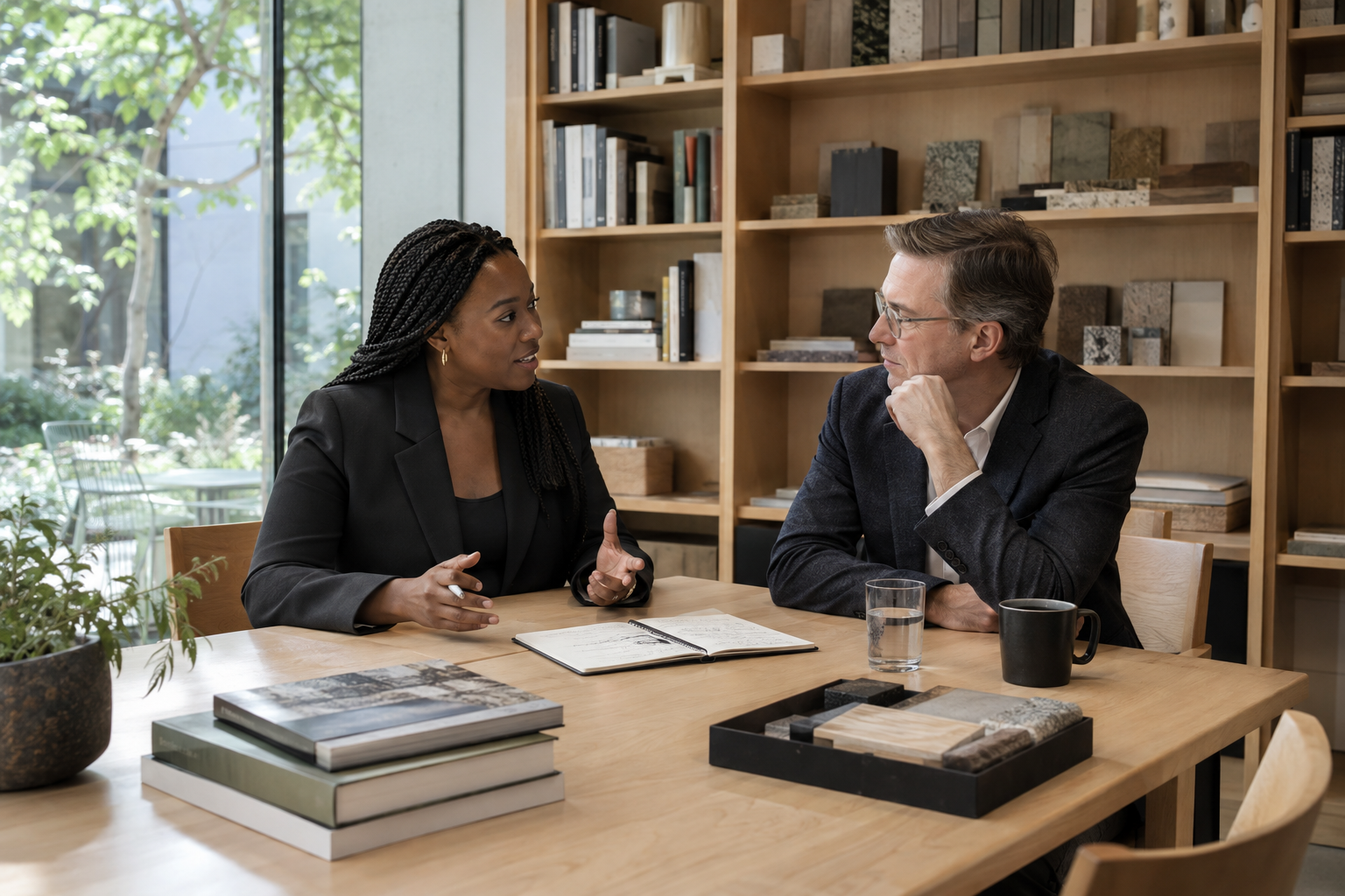 In an architecture practice’s airy project library, a Black female recruiting partner and a white male studio principal clarify requirements for a new team lead