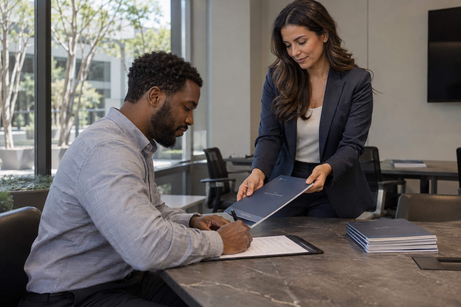 In a modern logistics headquarters’ quiet training room, an HR coordinator in a tailored navy suit hands a policy booklet to a newly appointed supervisor, who s
