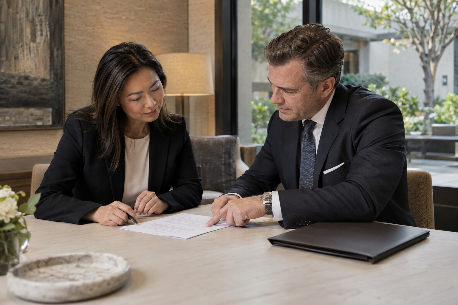 In a contemporary hotel’s quiet management office, an Asian female general manager reviews a revised staff policy with a white male department head, who indicat