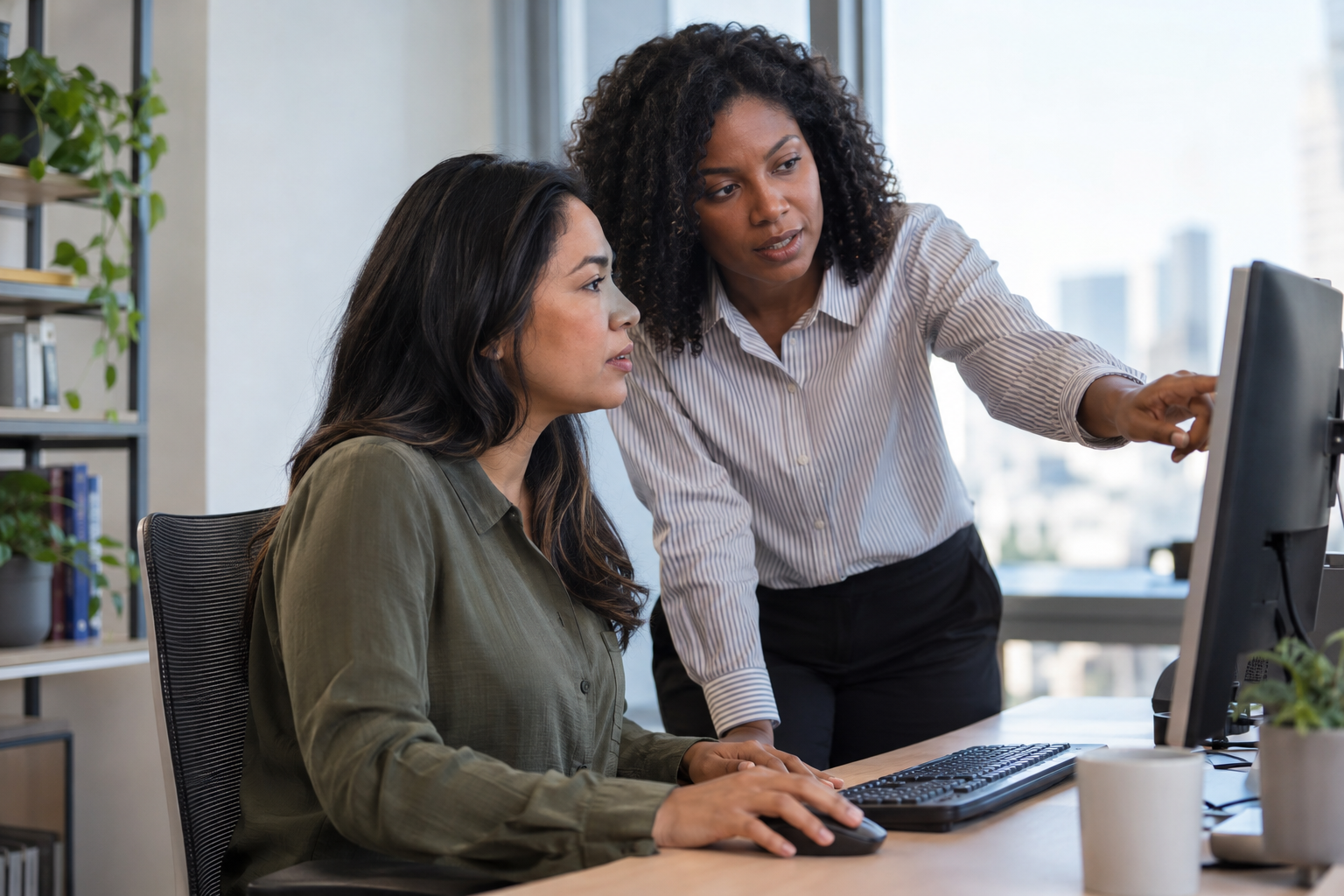 A payroll specialist and HR colleague review a flagged payment exception together at a desktop computer.