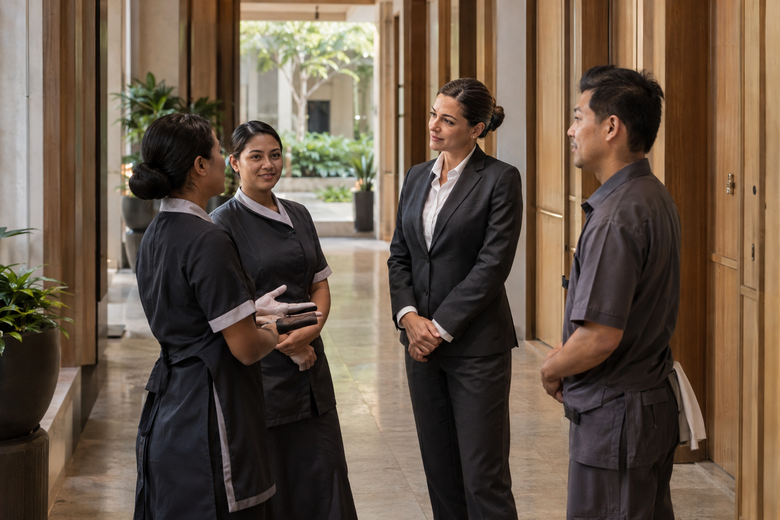 In a contemporary hotel’s quietly elegant service corridor, a shift manager in a tailored charcoal suit briefs three housekeeping and maintenance colleagues in 