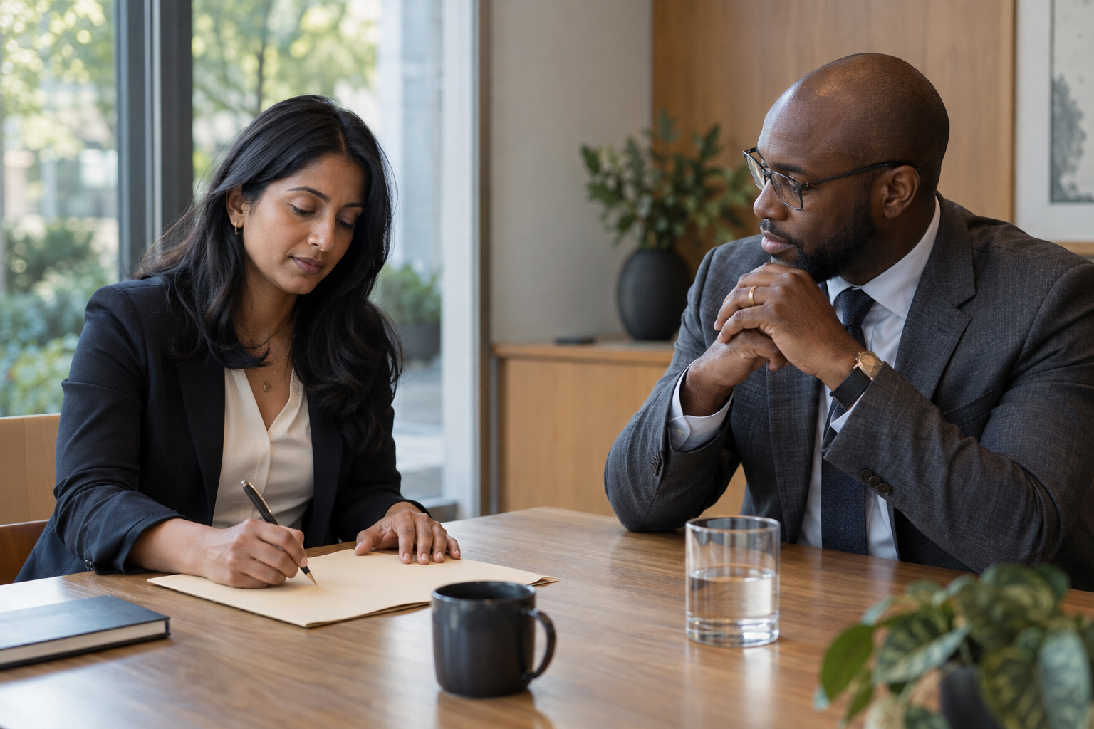 In a contemporary engineering firm’s quiet meeting room, a South Asian recruiting lead and a Black male department director agree next steps after candidate int