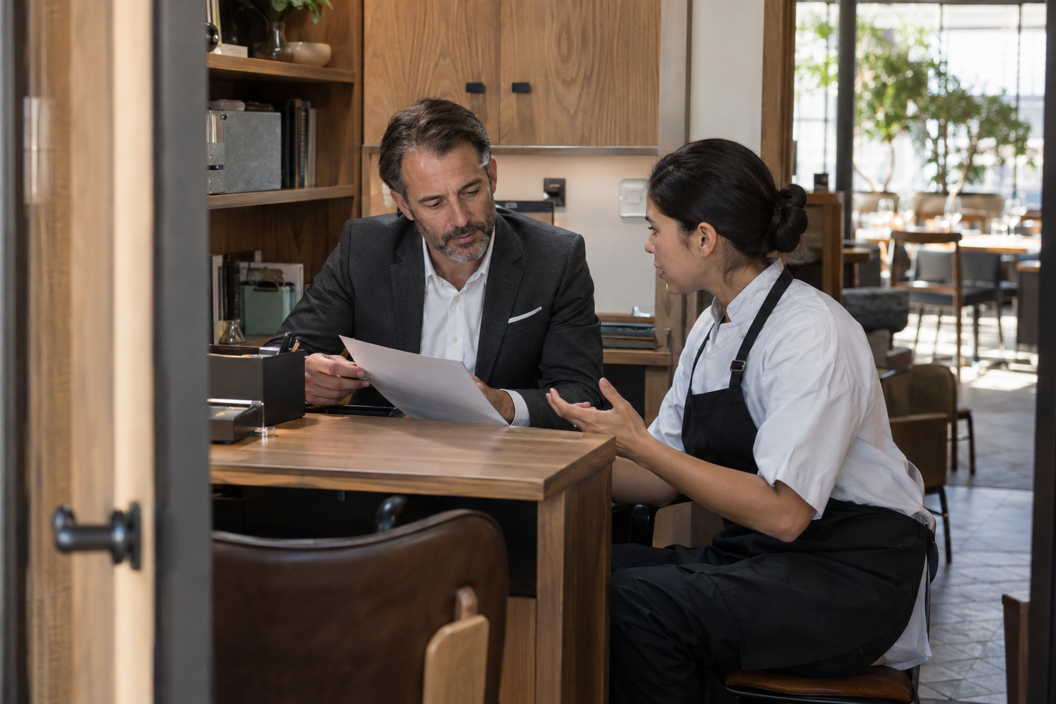 In a contemporary restaurant’s quiet staff office before service, a manager in a tailored charcoal jacket reviews a single paper form with a uniformed hourly em