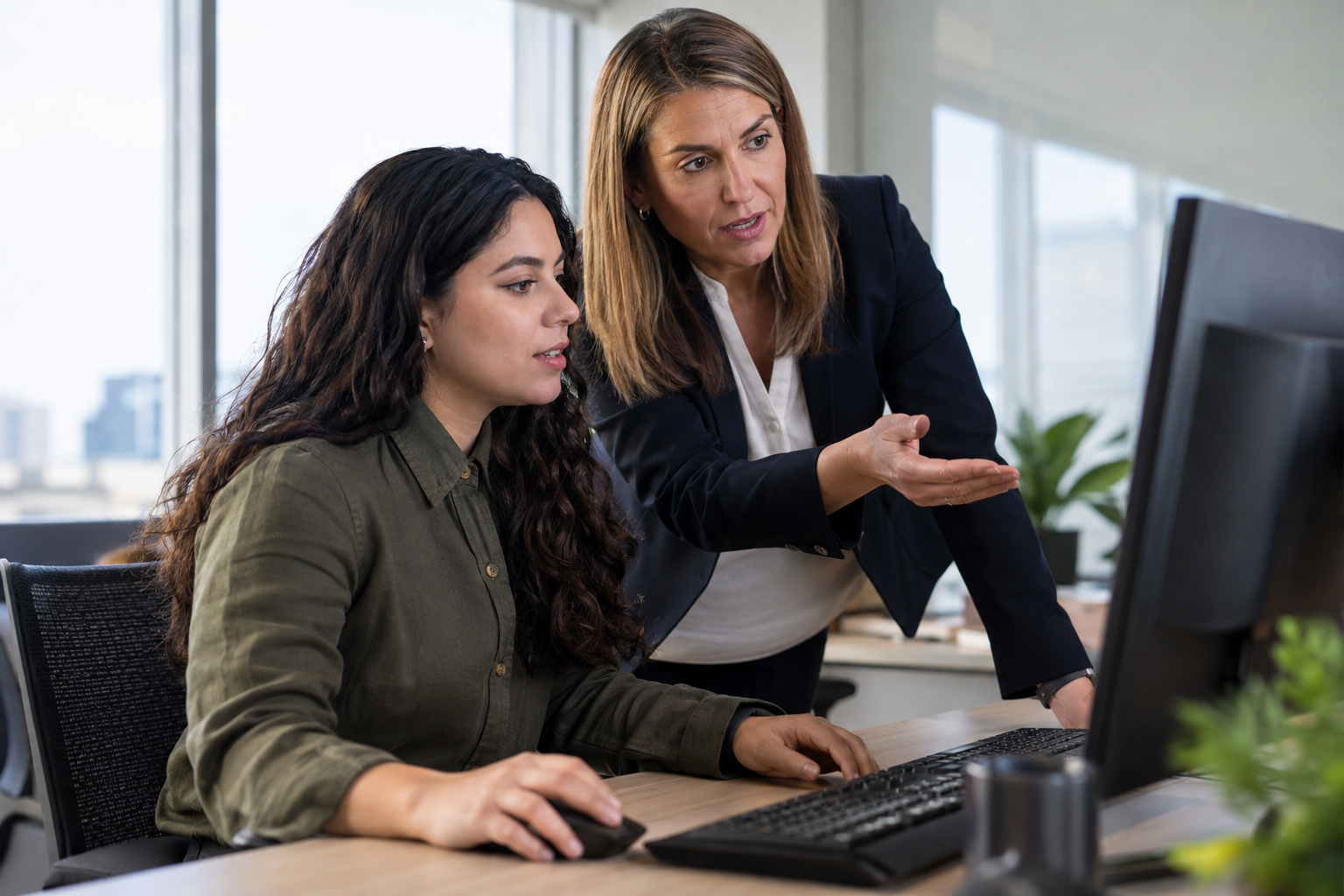 A retail operations manager and analyst review an AI-recommended pricing change at a desktop workstation before approval.