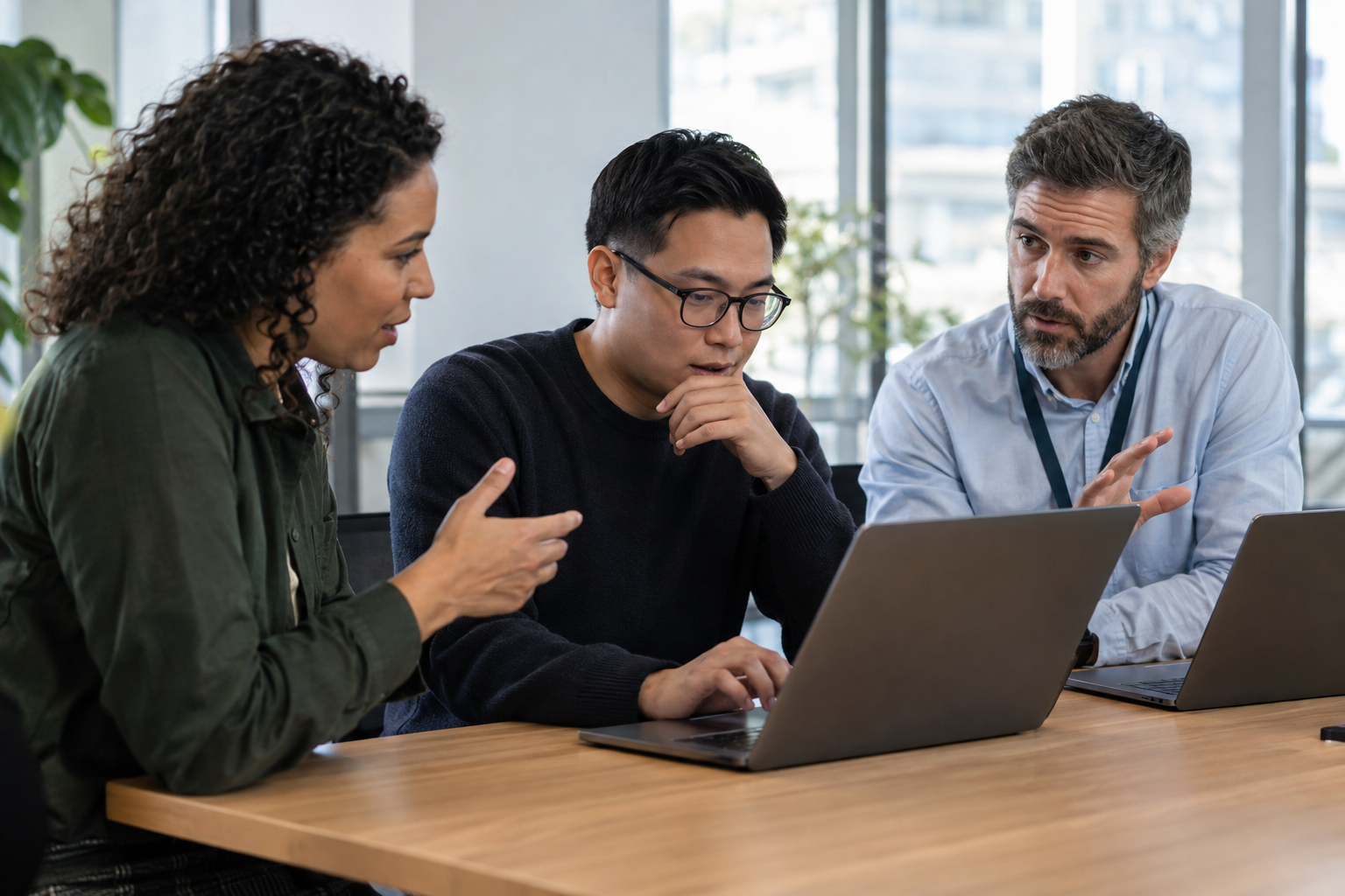 An operations director, software engineer and security lead evaluate AI agent options together using two laptops.