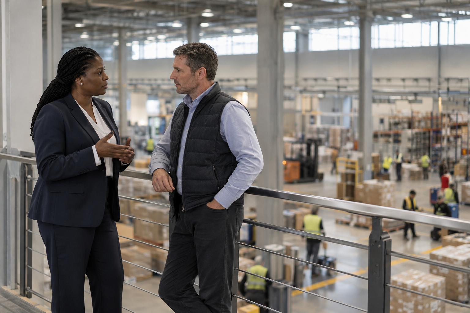 On the mezzanine of a contemporary distribution center, a Black operations director and a white shift supervisor discuss staffing as employees arrive on the war