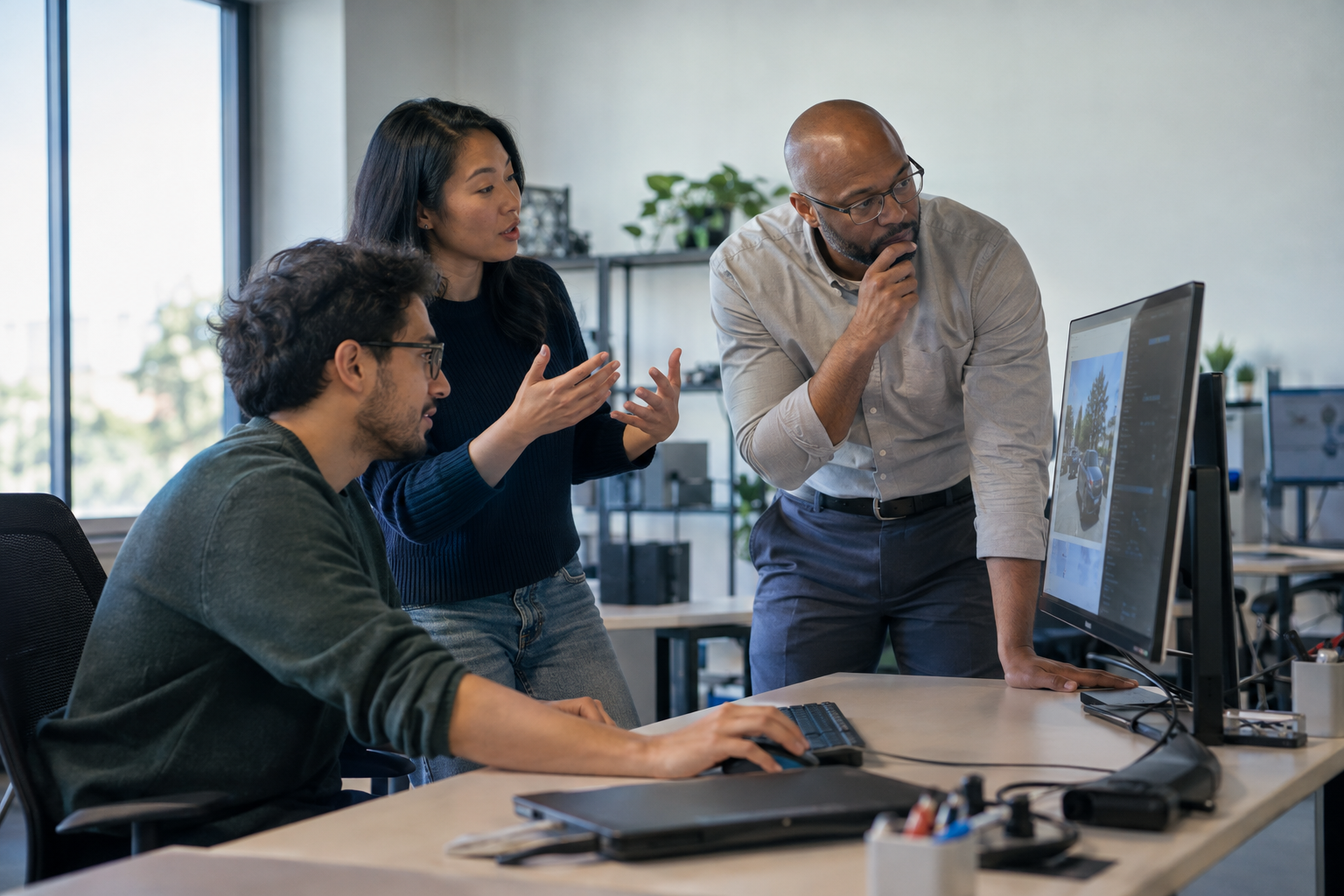An AI architect and developer demonstrate agent technology components to an operations owner at a desktop workstation.