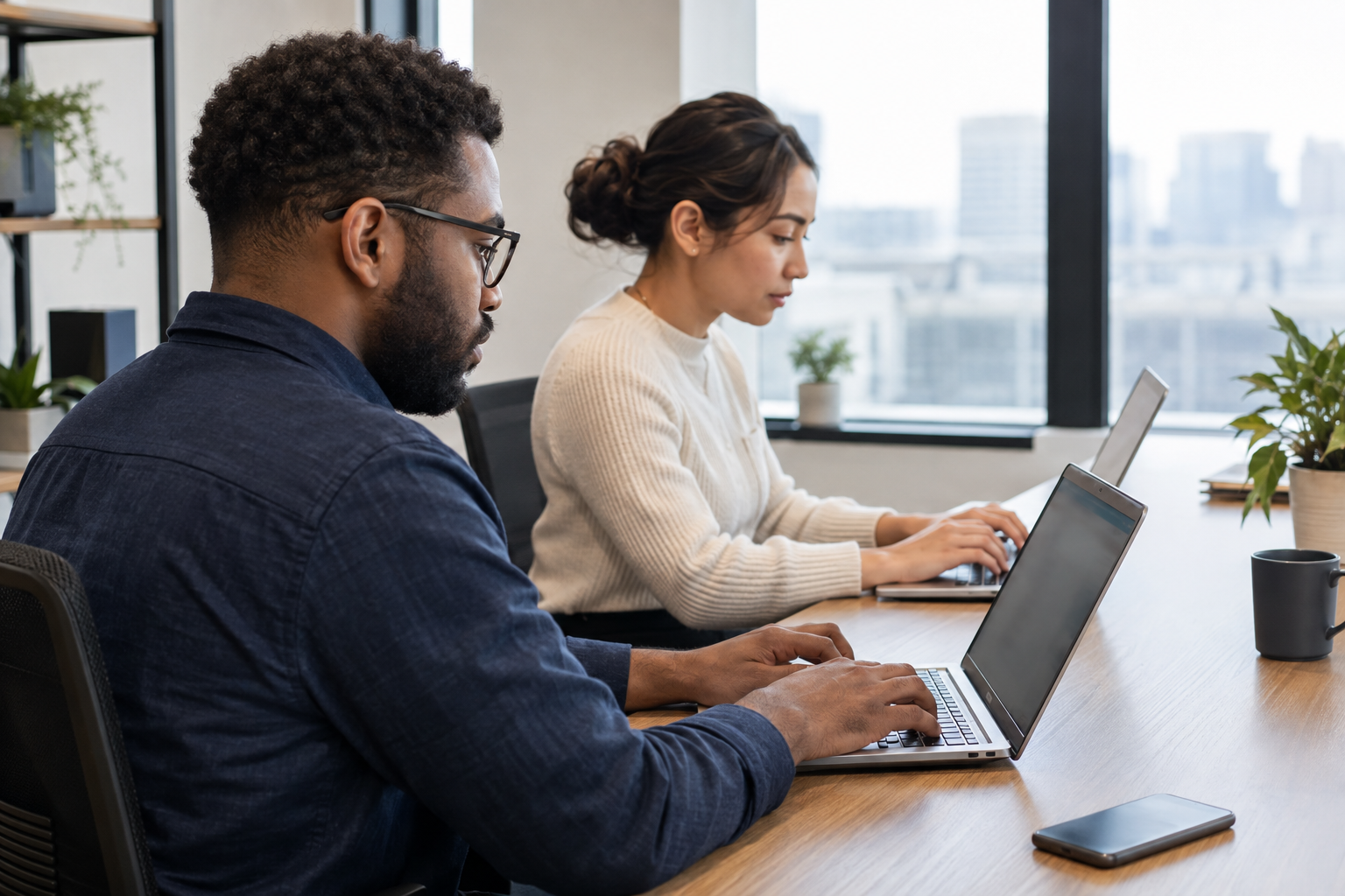 An operations specialist and customer-service colleague configure and test a digital workflow using two laptops.