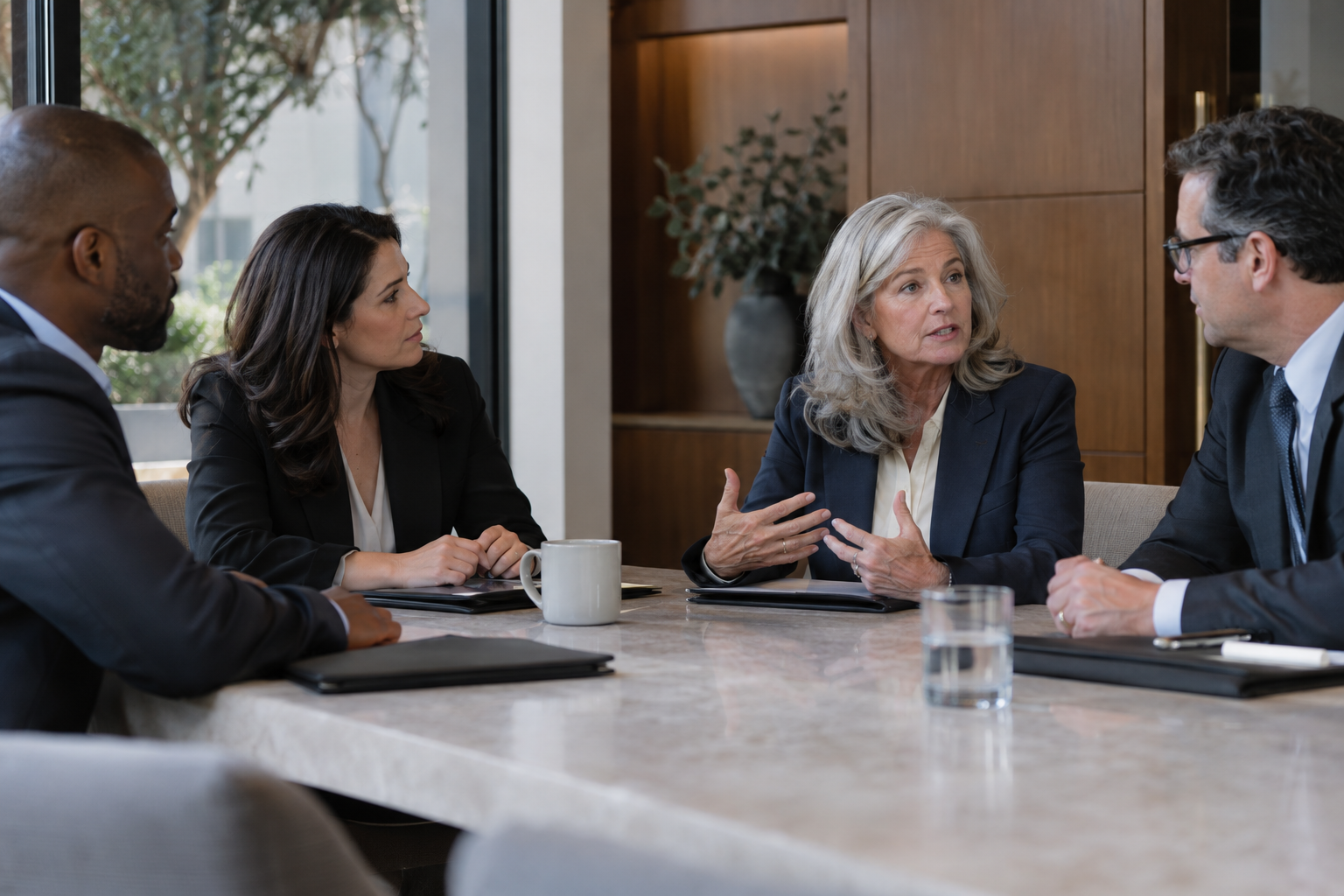 At a regional manufacturer’s headquarters, four department leaders gather around a limestone meeting table, listening as a silver-haired HR director clarifies r
