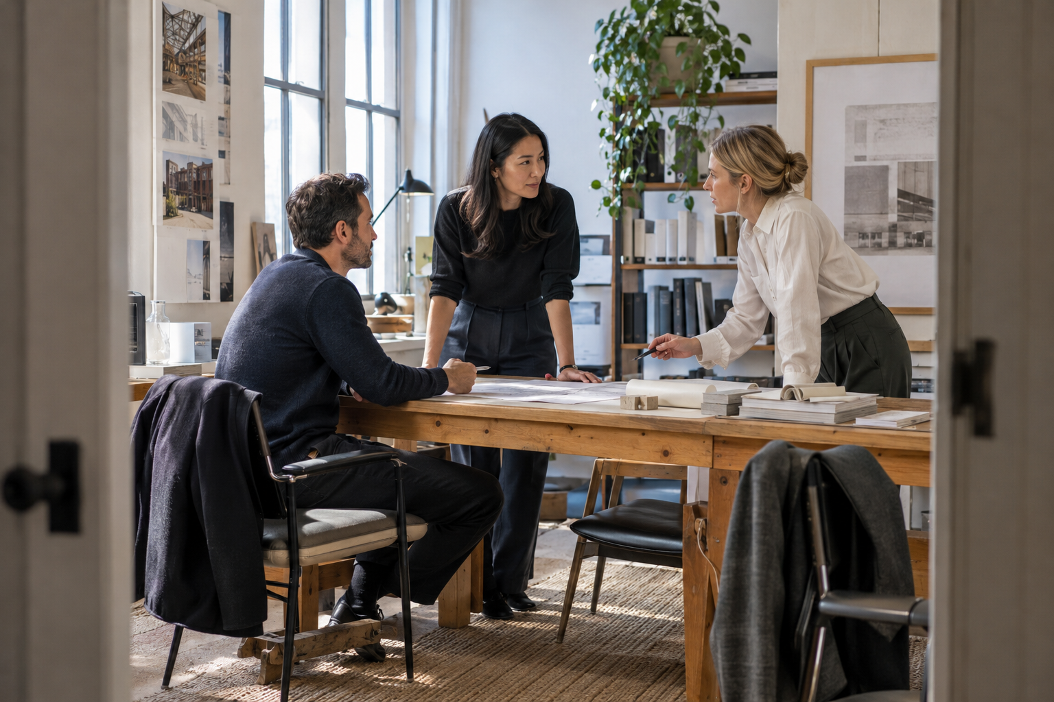 Inside a small architecture practice, a studio principal and two colleagues discuss morning coverage beside an oak workbench before the workday begins, coats ca