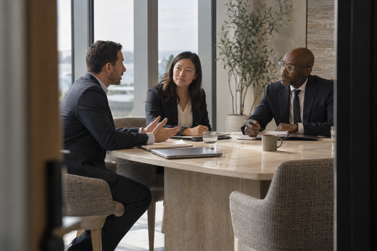 At a growing logistics company’s headquarters, three department leads in tailored business attire compare notes around a limestone meeting table, one colleague 