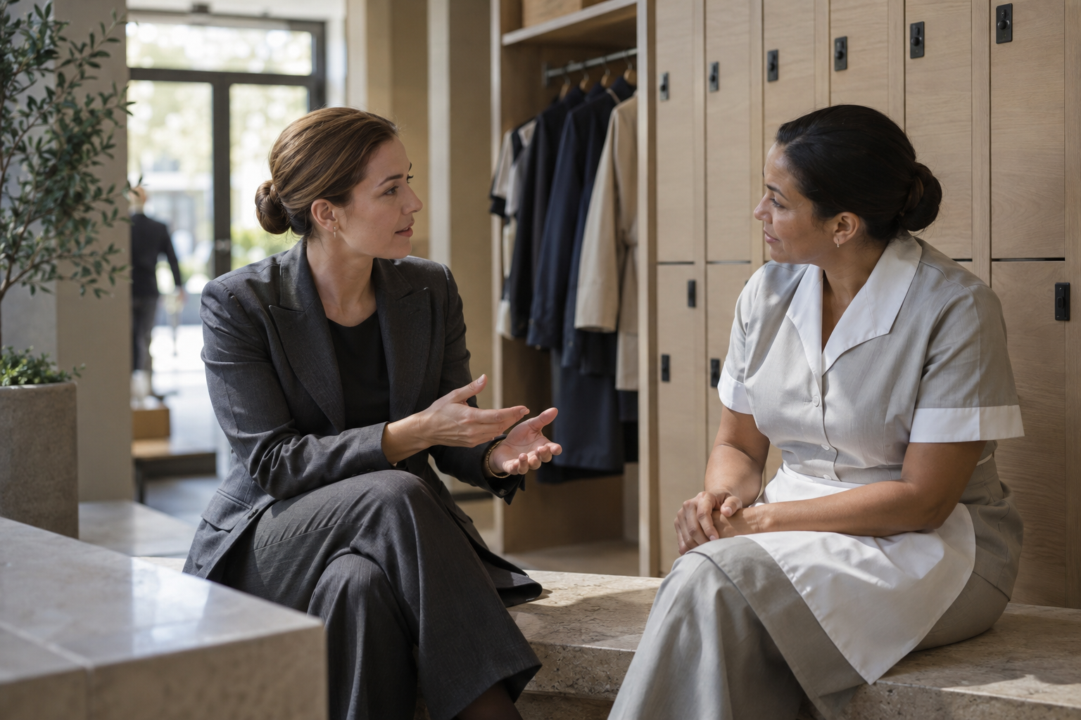 At a contemporary hotel's quiet staff entrance, a female operations manager in a tailored charcoal suit discusses shift coverage with a housekeeping supervisor 