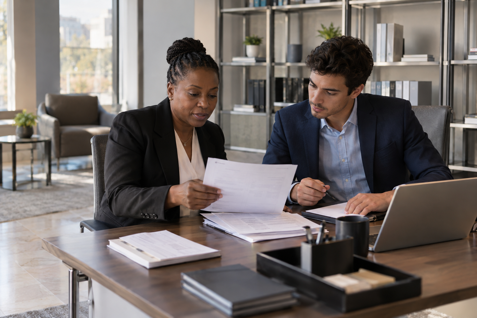 In a contemporary distribution company’s finance office, a Black female controller and a younger male accounts-payable specialist quietly review a small stack o