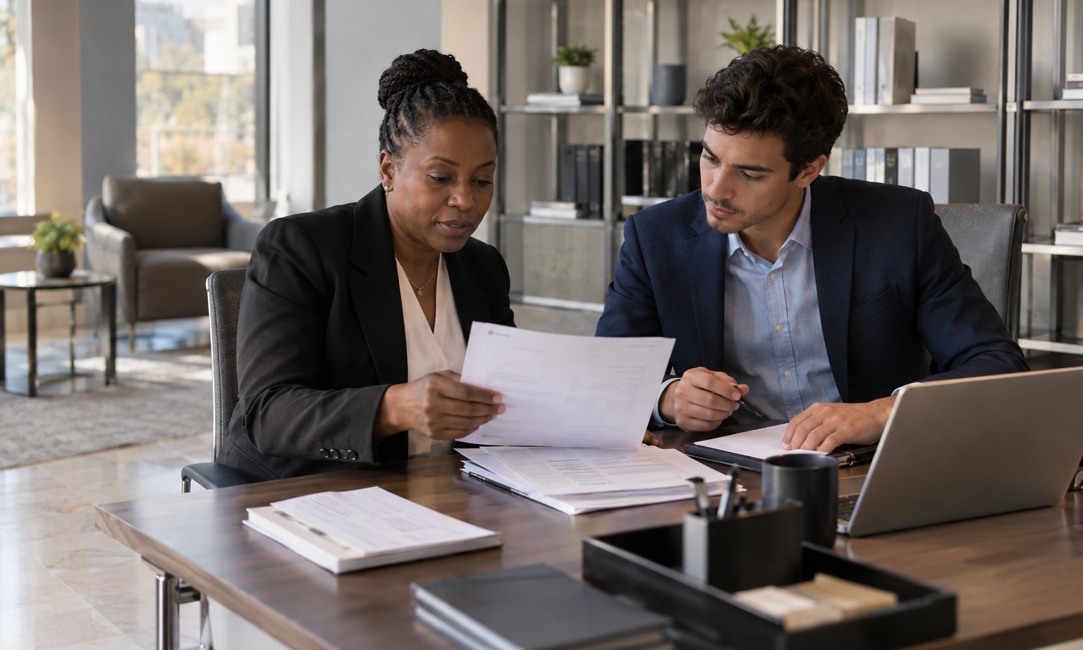 In a contemporary distribution company’s finance office, a Black female controller and a younger male accounts-payable specialist quietly review a small stack o