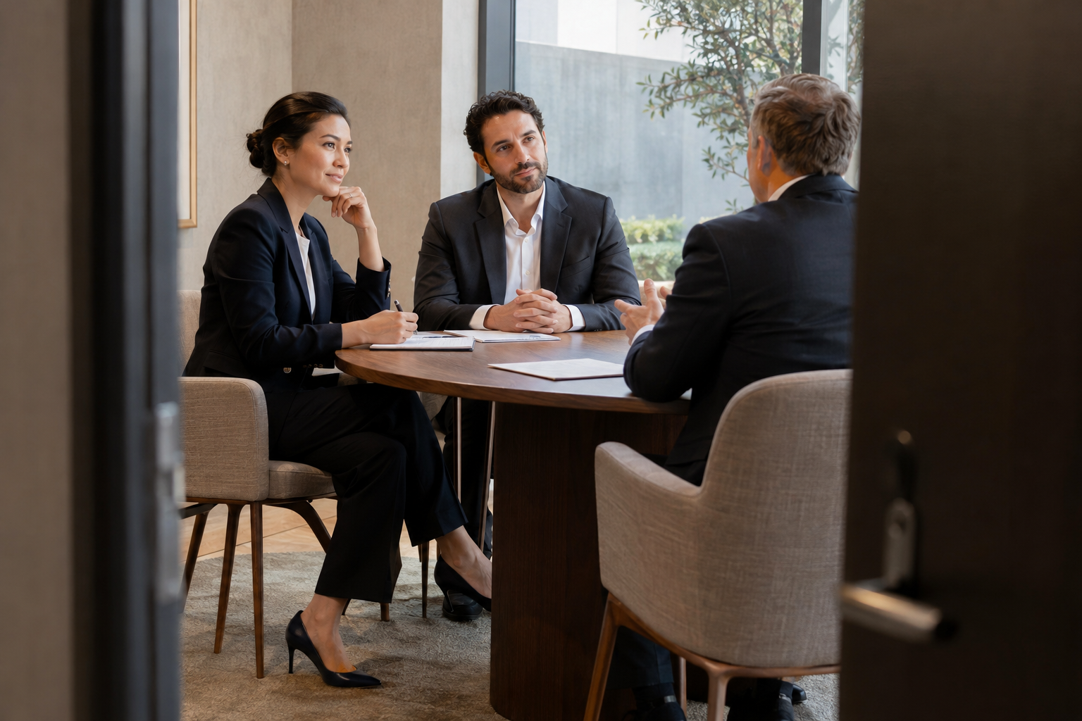 Inside a contemporary company’s quiet interview room, an HR director and a finance colleague listen as a prospective software vendor answers questions across a 