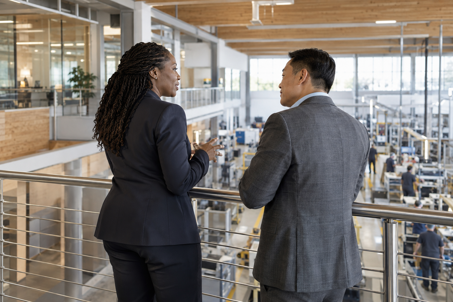 At a growing manufacturer’s contemporary headquarters, a Black female operations director and an East Asian male department head pause on a mezzanine overlookin