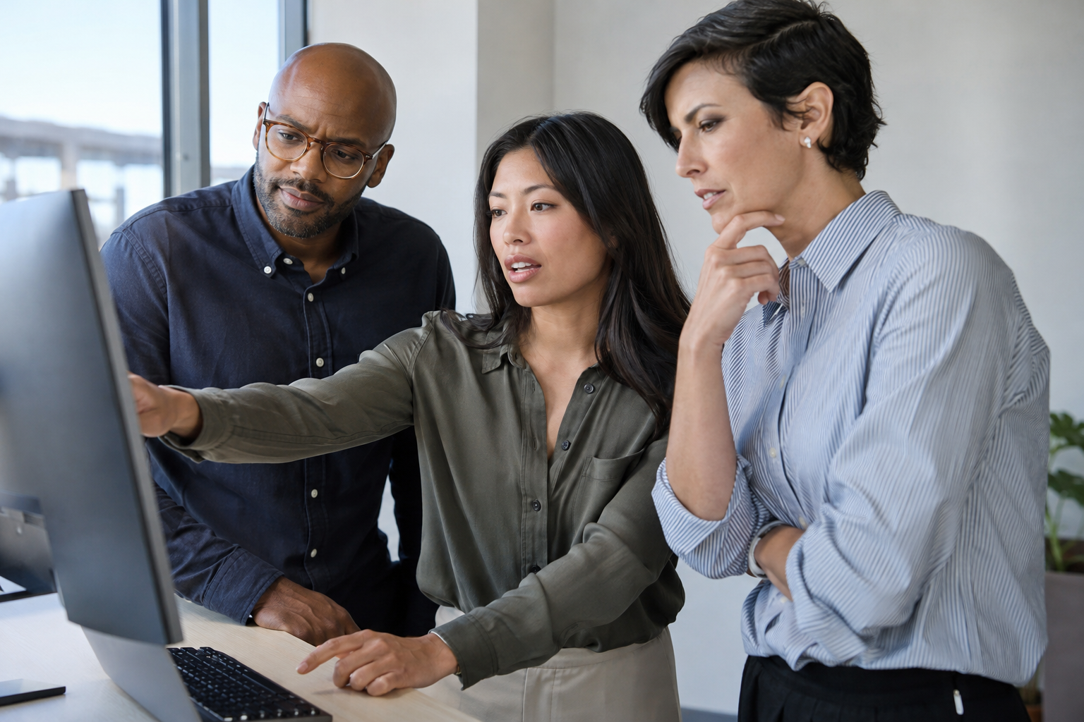An operations lead and two managers test digital approval routing together at a desktop workstation.
