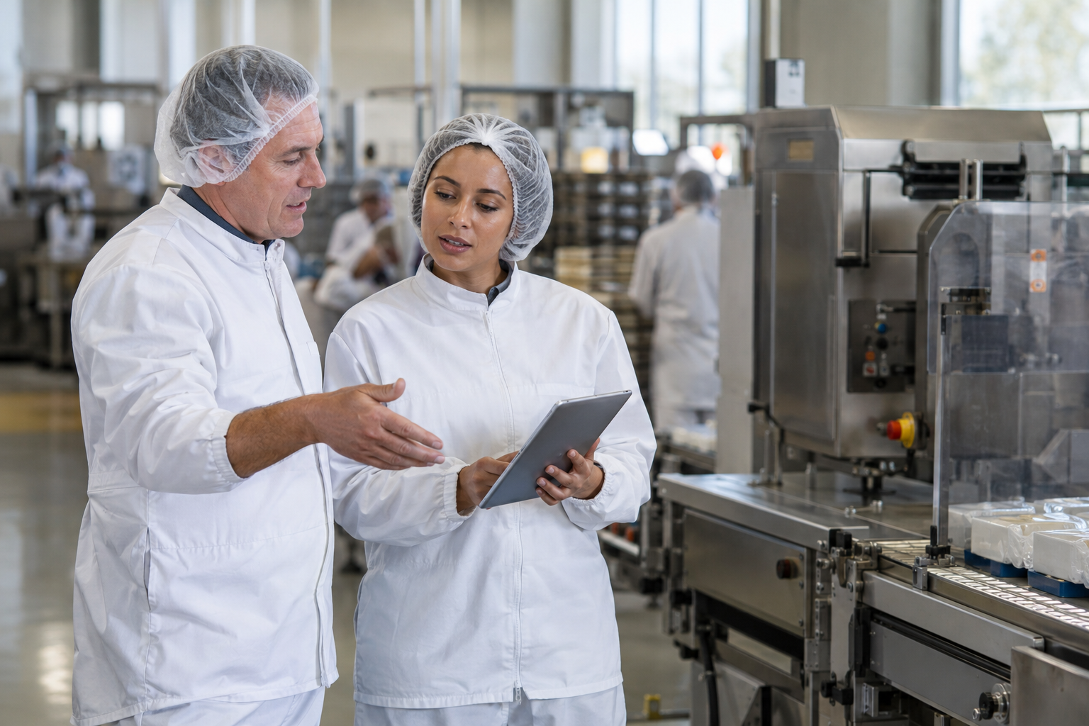 At the edge of a modern food-production floor, a shift lead reviews a tablet with an incoming colleague, both wearing clean workwear and appropriate hair coveri