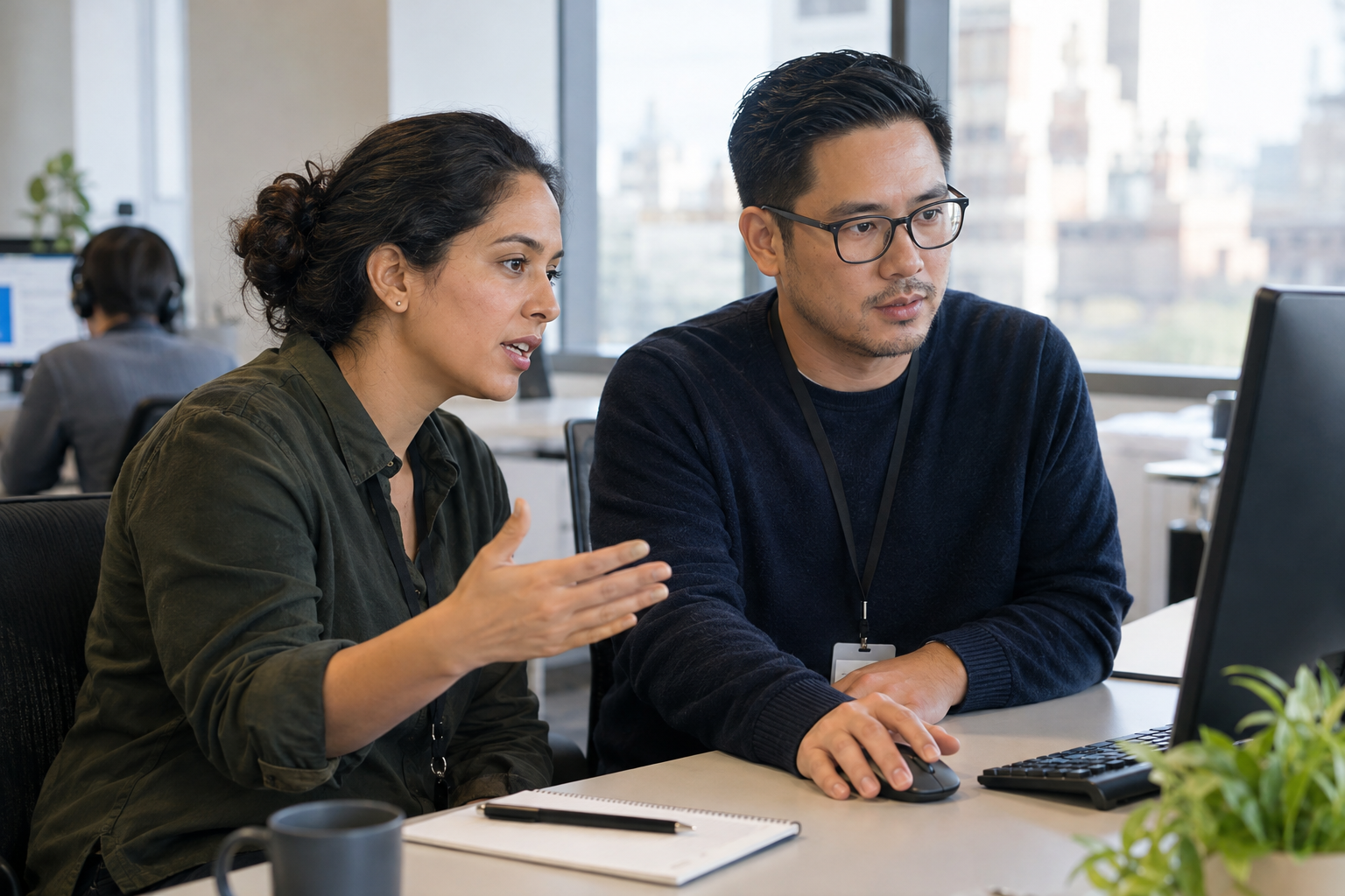 A customer-support supervisor and automation analyst investigate a stalled digital escalation together at a workstation.