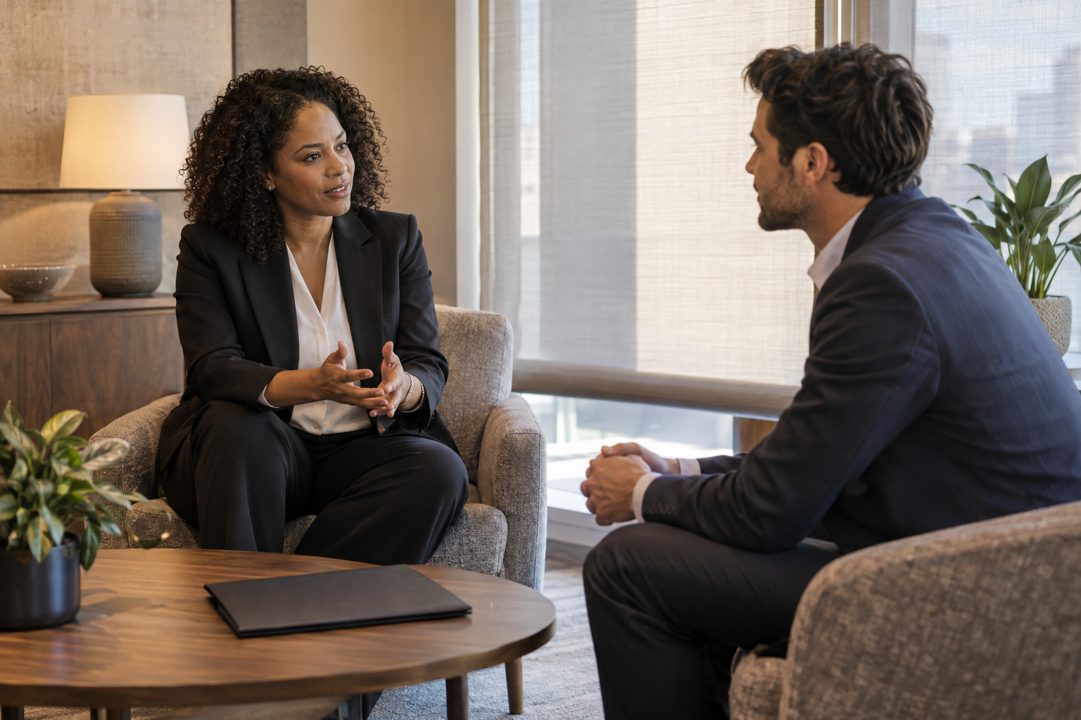 In a contemporary firm's quiet interview lounge, a Black female hiring director and a male candidate in tailored business attire discuss final employment terms,